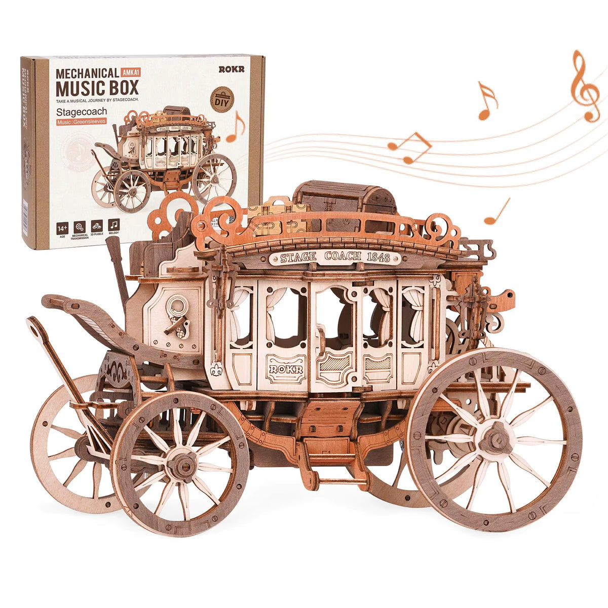 Wooden Music Box Puzzle 3D Puzzles Mechanical Building Construction Craft Birthday Anniversary Day Gift Kits Stagecoach