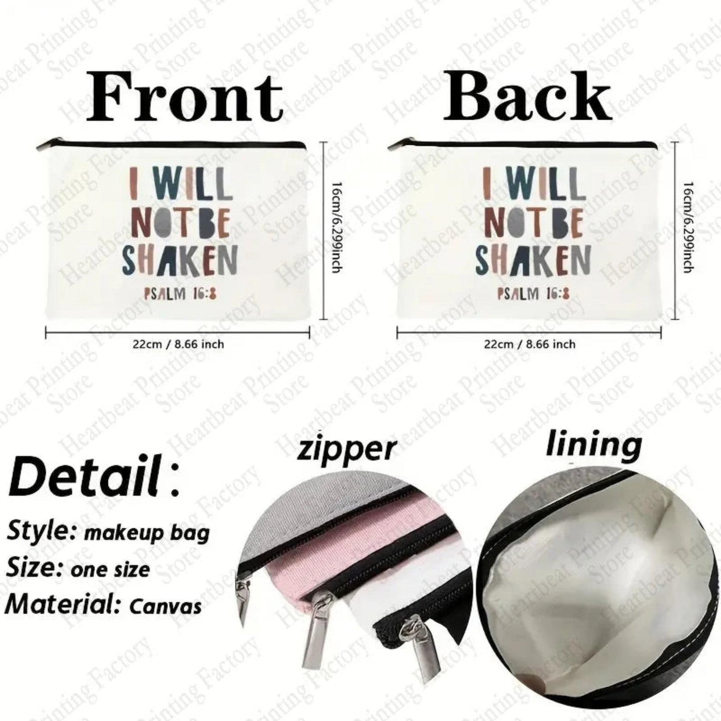 Christian Bible Verse PSALM 16:8 I Will Not Be Shaken Inspirational Quote Makeup Bag Cosmetic Bags Christian Gifts for Women