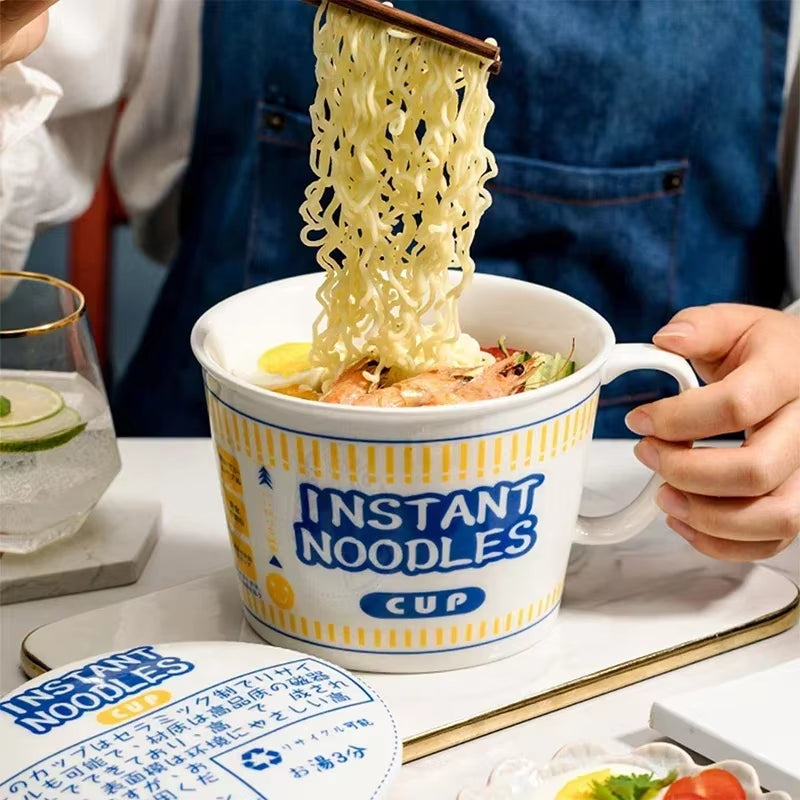 Hot Sale Ceramic Instant Noodle Bowl with Handle Large Capacity Instant Noodles Bowl Cute Design Instant Noodles Bowl with Lid