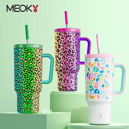 40Oz Cup Tumbler with Handle Straw Stainless Steel Multi-Prints Coffee Cup Travel Water Bottle Leak-Proof Car Mug Gifts