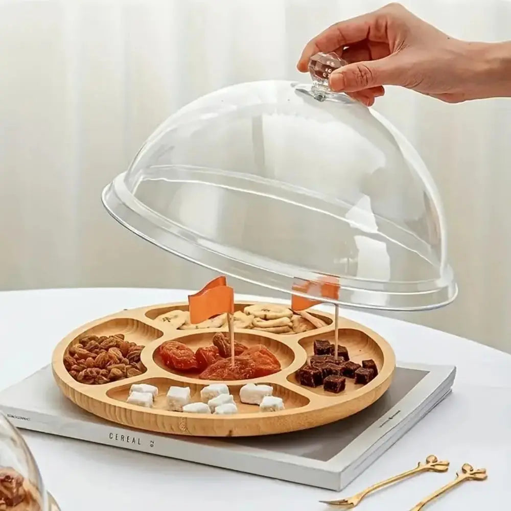 Bamboo round 5 Compartment Serving Tray, Ideal for Snacks, Fruits, Nuts, Wooden Plate with Dividers for Party Platters