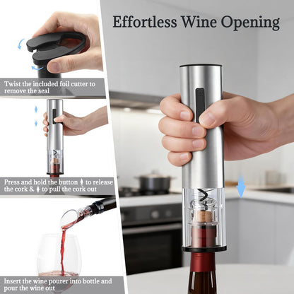 Vinolux Rechargeable Wine Opener Set – Electric Corkscrew with Foil Cutter, LED Light & Stainless Steel Shell, Wine Aerator Pourer, Vacuum Stopper & Base – Gift for Wine Lovers