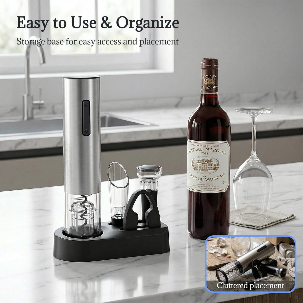 Vinolux Rechargeable Wine Opener Set – Electric Corkscrew with Foil Cutter, LED Light & Stainless Steel Shell, Wine Aerator Pourer, Vacuum Stopper & Base – Gift for Wine Lovers