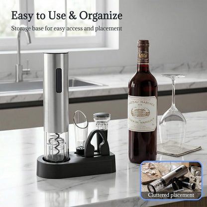 Vinolux Rechargeable Wine Opener Set – Electric Corkscrew with Foil Cutter, LED Light & Stainless Steel Shell, Wine Aerator Pourer, Vacuum Stopper & Base – Gift for Wine Lovers
