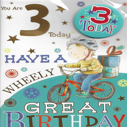 3rd Birthday Card for Boy with Badge | Age 3 Greeting Card  -  9  x  6 inches