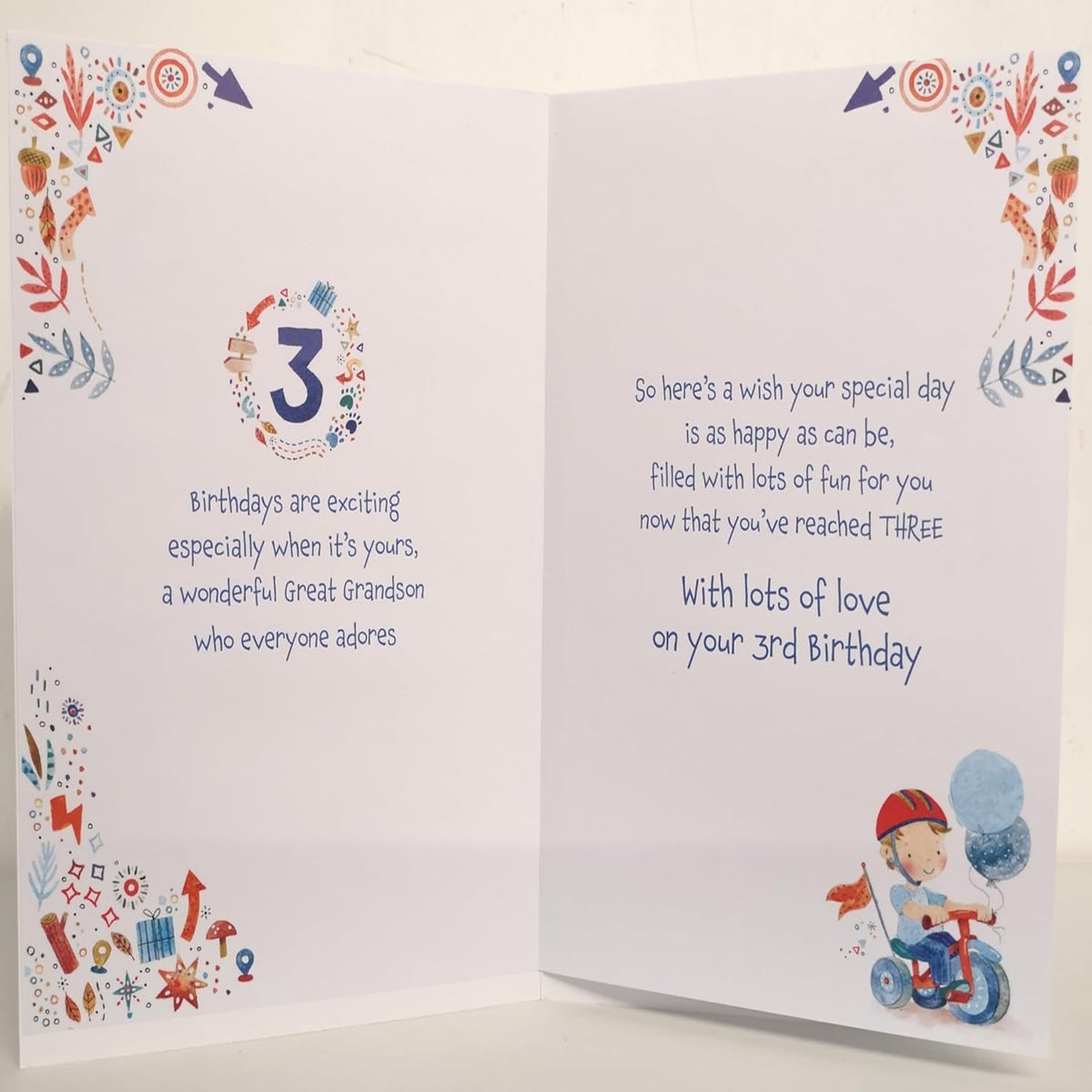 3rd Birthday Card for Great Grandson    –   Paper Rose Toy Trike and Presents Design   -  15.25 cm   x  23 cm