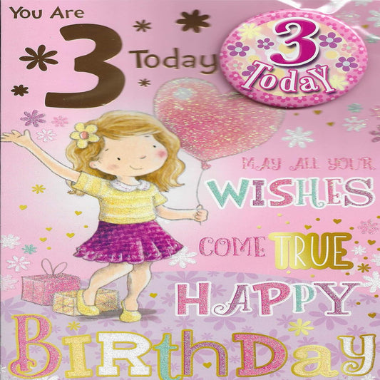 3rd Birthday Card with Badge | Happy 3rd Birthday Card for Child  -   9 x 6 inches