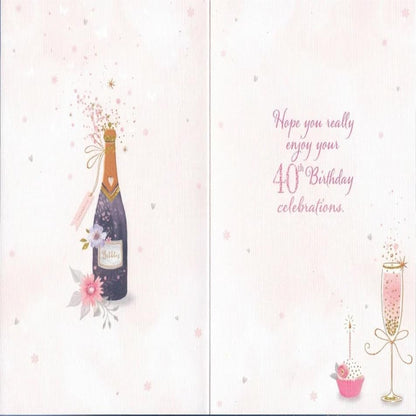 40th Birthday Card for Her   –    Champagne & Gold Foil Age 40 Card   -   7.75   x 5.25 inches