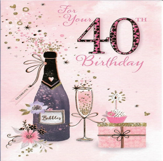 40th Birthday Card for Her   –    Champagne & Gold Foil Age 40 Card   -   7.75   x 5.25 inches