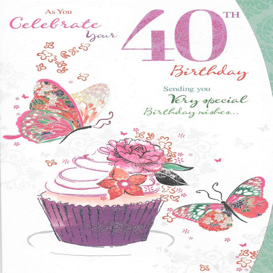 40th Birthday Card with Butterflies   -    9  x  6 inches