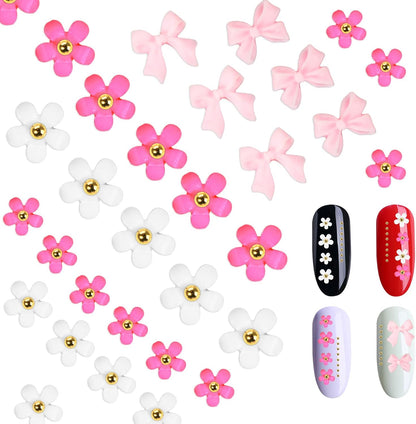 Flower Bow Manicure Kit Pink White 3D Flower Bow Half Pearls Nail Gems 3D Acrylic Flowers Bows Nail Charms for Women Girls