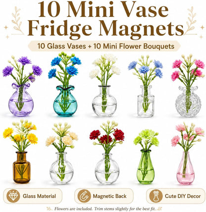10 Pcs Cute Mini Vase Fridge Magnets - Glass Vase Magnets for Fridge with Mini Magnets - Tiny Vase Fridge Magnets for Kitchen Locker Office Decoration, Small Magnet Bud