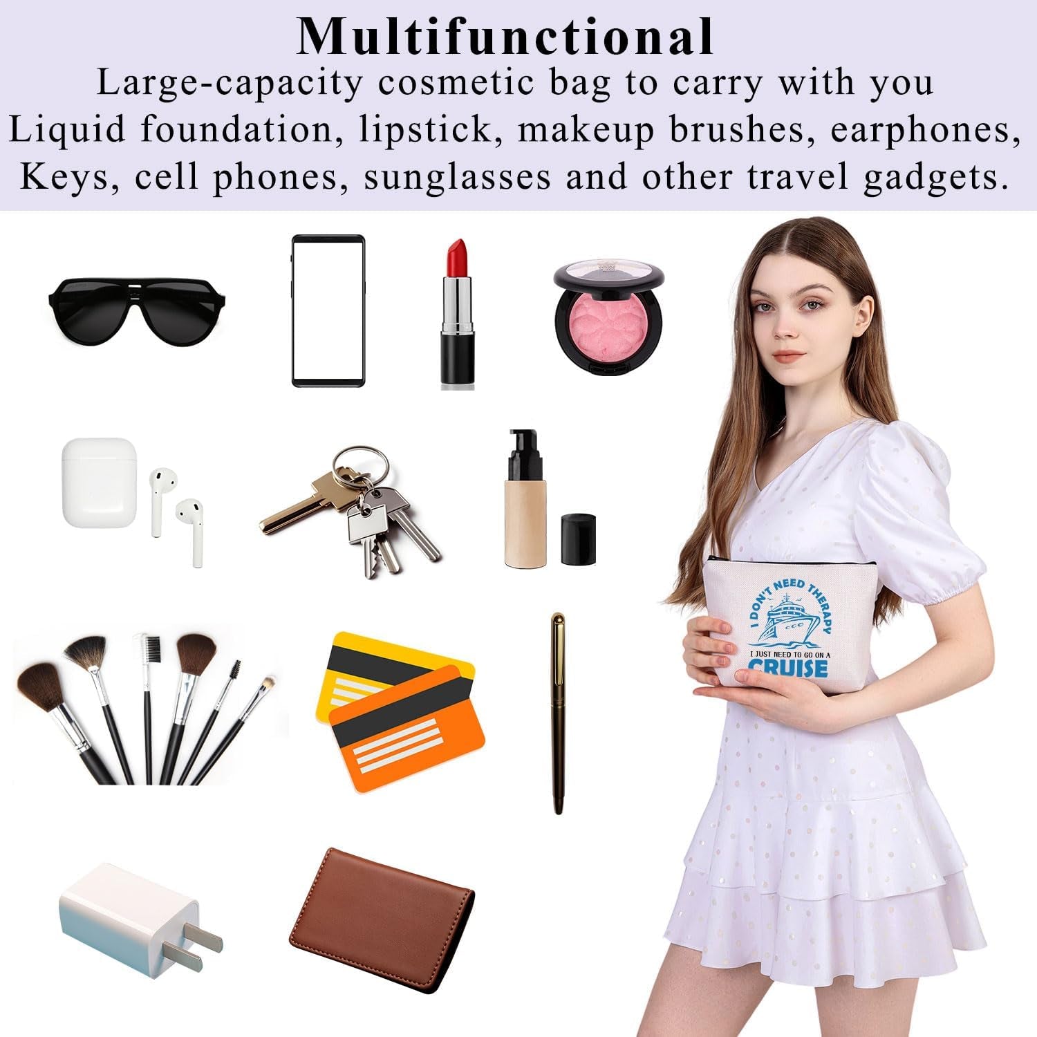 Cruise Makeup Bag for Women Family Cruise Vacation Gift I Don'T Need Therapy I Just Need to Go on a Cruise Travel Pouch (Therapy Go Cruise Bagu)