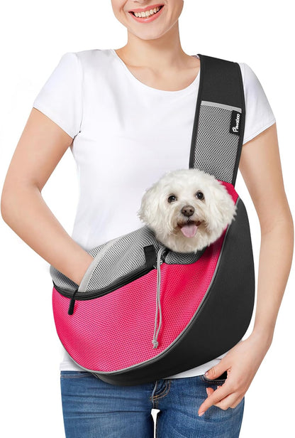 Dog Sling Carrier, Dog Papoose with Zipper Touch Pocket, Hand Free Breathable Mesh Puppy Carrier, Crossbody Satchel Dog Purse with Adjustable Strap for Outdoor Travel, Pink, Large