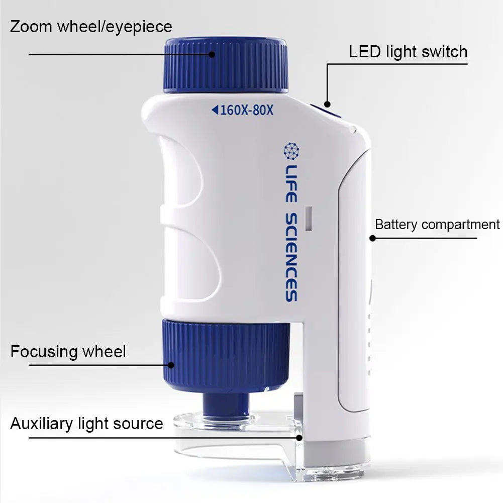 60-120X Mini Pocket Microscope Kit Boy Girl Exploring Gift Pocket Microscope Mini Handheld Microscope for Scientific Experiment