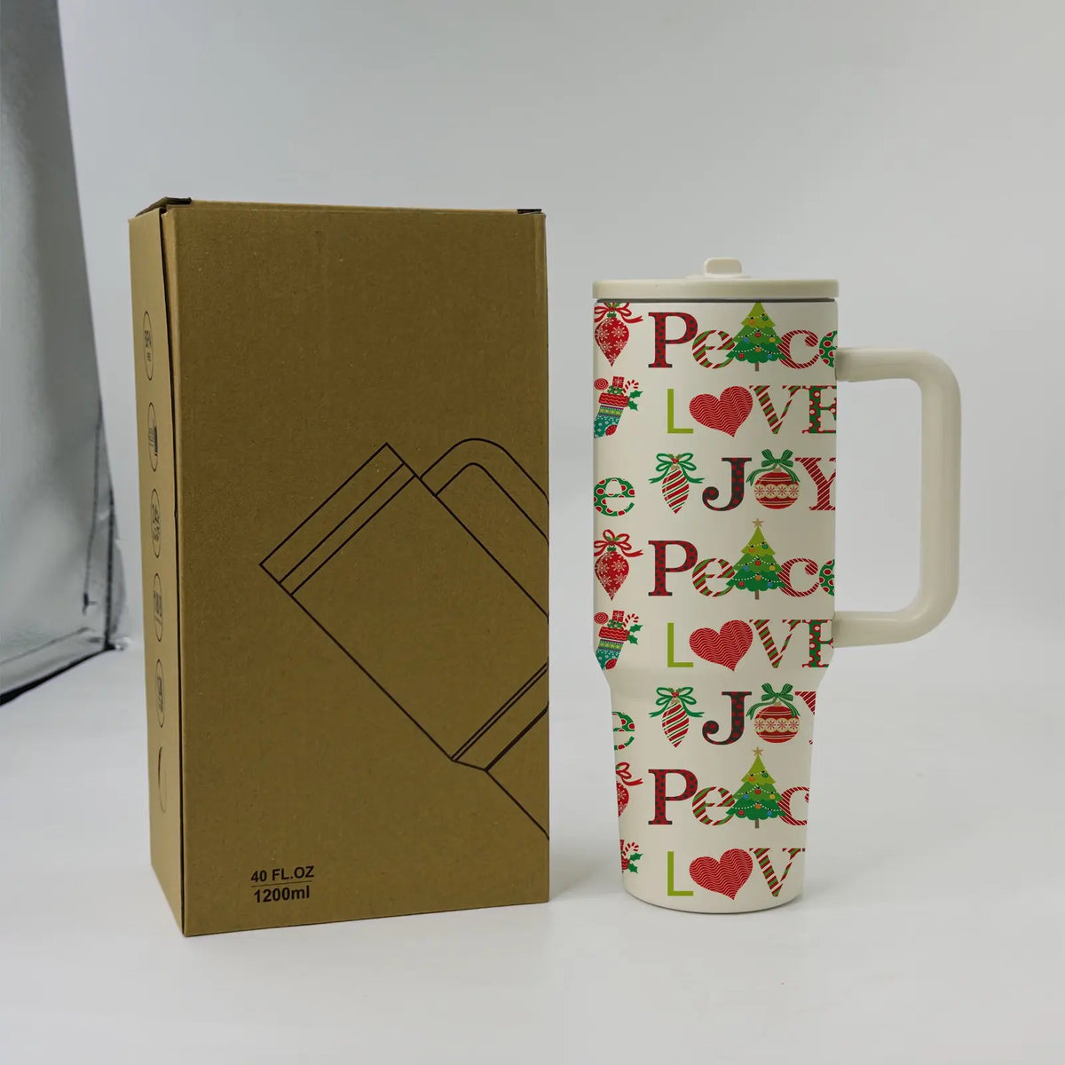1PC 40Oz Christmas Insulated Tumbler with Handle & Lid, Santa Claus, Candy Cane, Christmas Tree & Holiday Print, Double Wall Stainless Steel Travel Coffee Mug, Large Capacity Cup for Home, Office, Travel, Christmas Gift