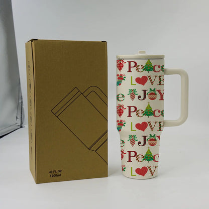 1PC 40Oz Christmas Insulated Tumbler with Handle & Lid, Santa Claus, Candy Cane, Christmas Tree & Holiday Print, Double Wall Stainless Steel Travel Coffee Mug, Large Capacity Cup for Home, Office, Travel, Christmas Gift