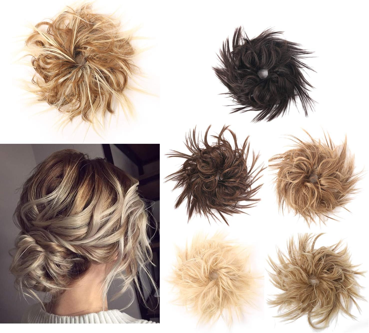 Messy Hair Bun Tousled Updo Hair Piece Scrunchies Extension with Elastic Rubber Band Curly Wavy Messy Hairpieces for Women Girls 1PCS (12AH613)