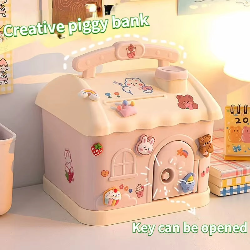 Money Box Piggy Bank Creative Cartoon Design Cute Little House Depositable Large Capacity Plastic Money Box