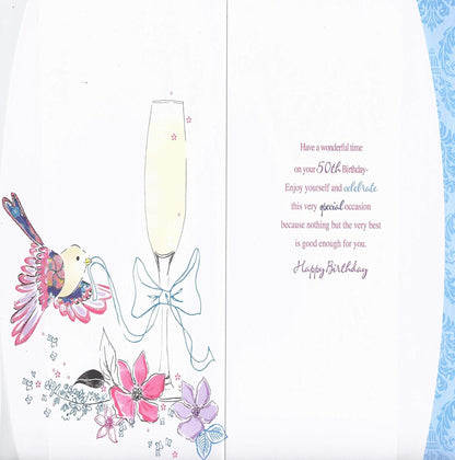 50th Birthday Card for Her | Champagne Glass, Birds & Flowers Age 50 Card