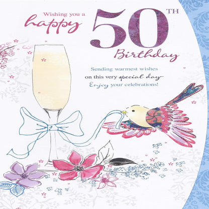 50th Birthday Card for Her | Champagne Glass, Birds & Flowers Age 50 Card