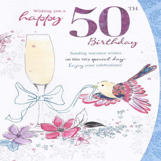 50th Birthday Card for Her | Champagne Glass, Birds & Flowers Age 50 Card
