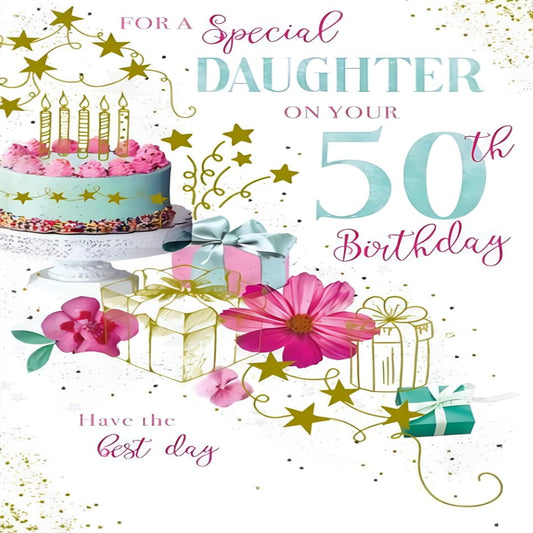 50th Birthday Card for Daughter   –    Paper Rose Floral Cake and Gift Design   -   22 8  x  152mm
