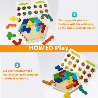 3D Hexagonal Wooden Puzzles Educational Toys for Children Kids Preschool Tangram Board Brain IQ Test Game Montessori Toys Gifts