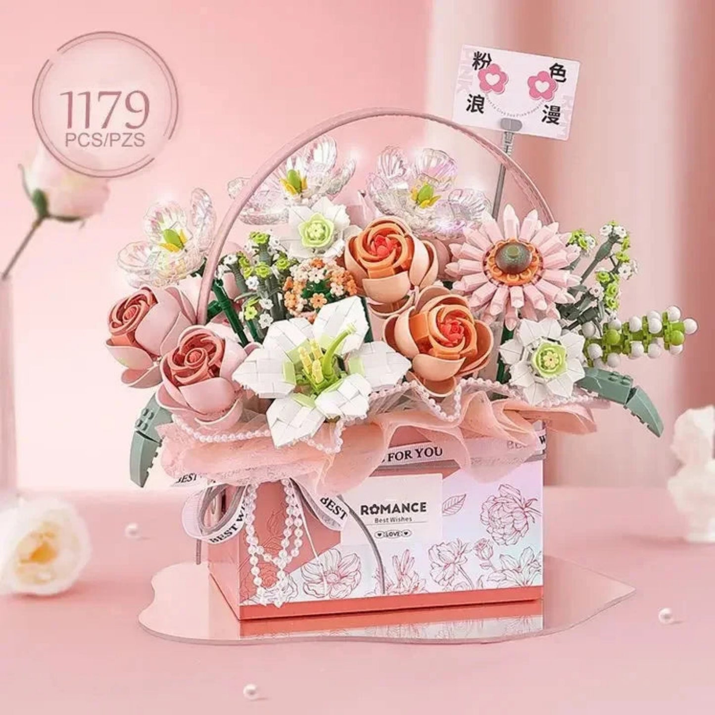 Creative Pink Rose Basket Bouquet Building Blocks Portable Flower Bouquet Gift Box Series Model Bricks Girls Gifts Kids Toys