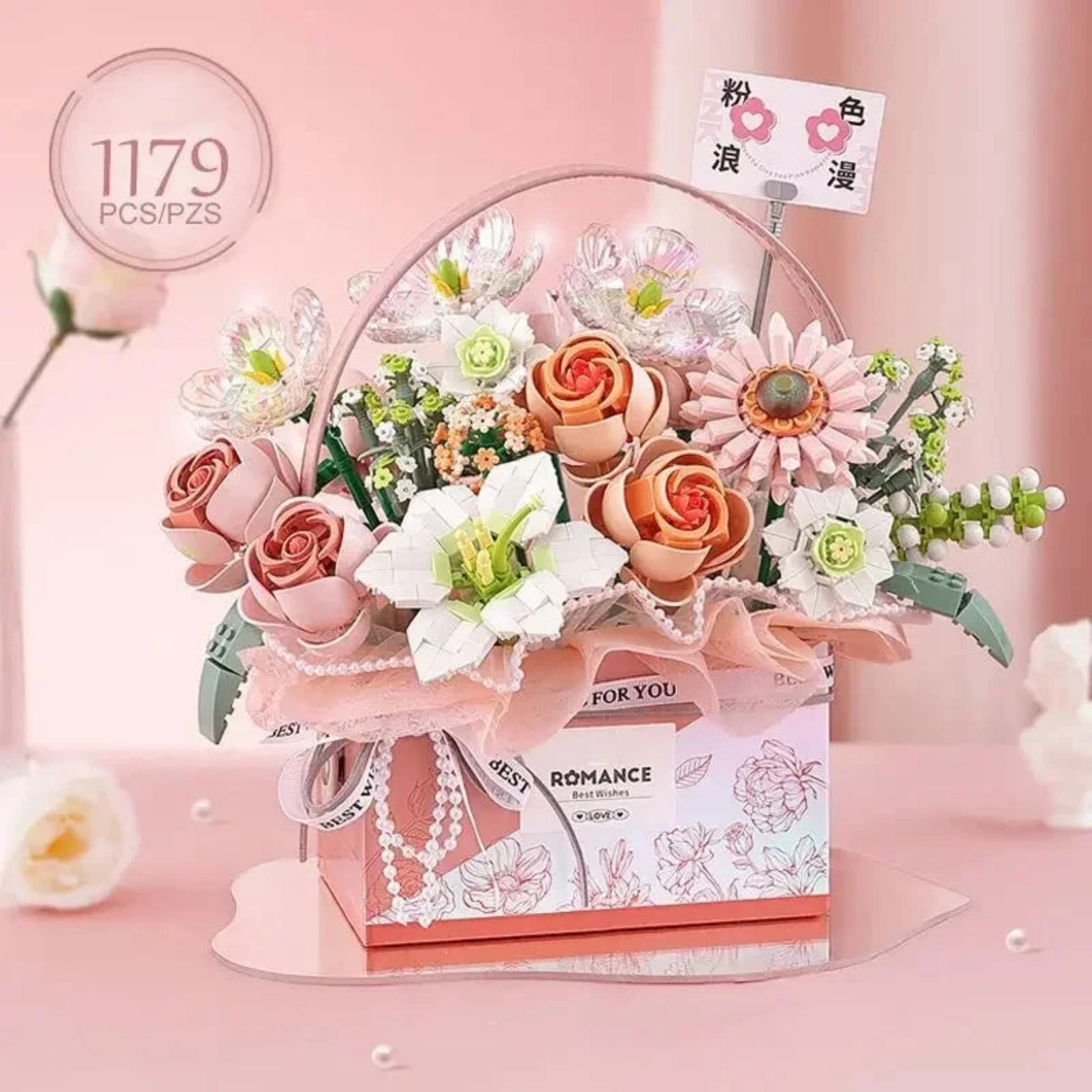 Creative Pink Rose Basket Bouquet Building Blocks Portable Flower Bouquet Gift Box Series Model Bricks Girls Gifts Kids Toys