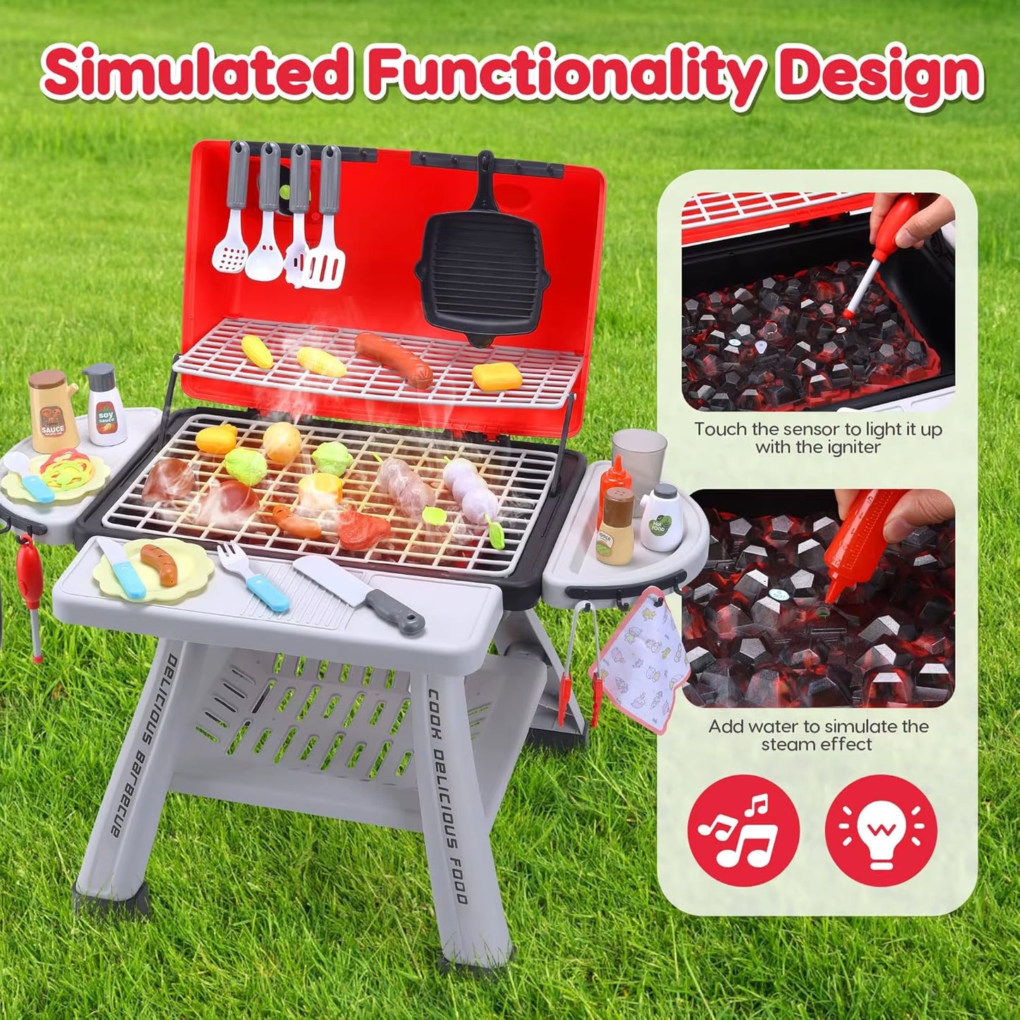 Children'S BBQ Grill Toy, Kitchen Playset, Realistic Smoke BBQ Grill Playset with Toy Kitchen Accessories.