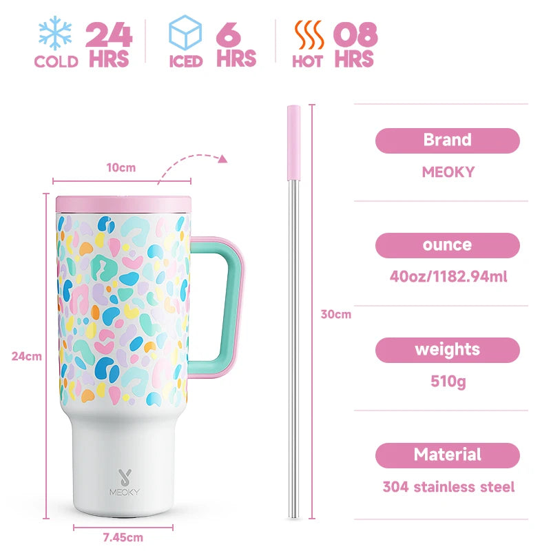 40Oz Cup Tumbler with Handle Straw Stainless Steel Multi-Prints Coffee Cup Travel Water Bottle Leak-Proof Car Mug Gifts
