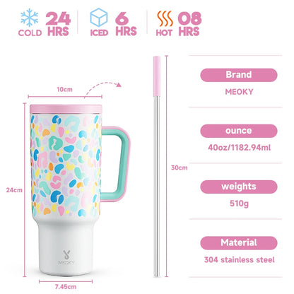 40Oz Cup Tumbler with Handle Straw Stainless Steel Multi-Prints Coffee Cup Travel Water Bottle Leak-Proof Car Mug Gifts