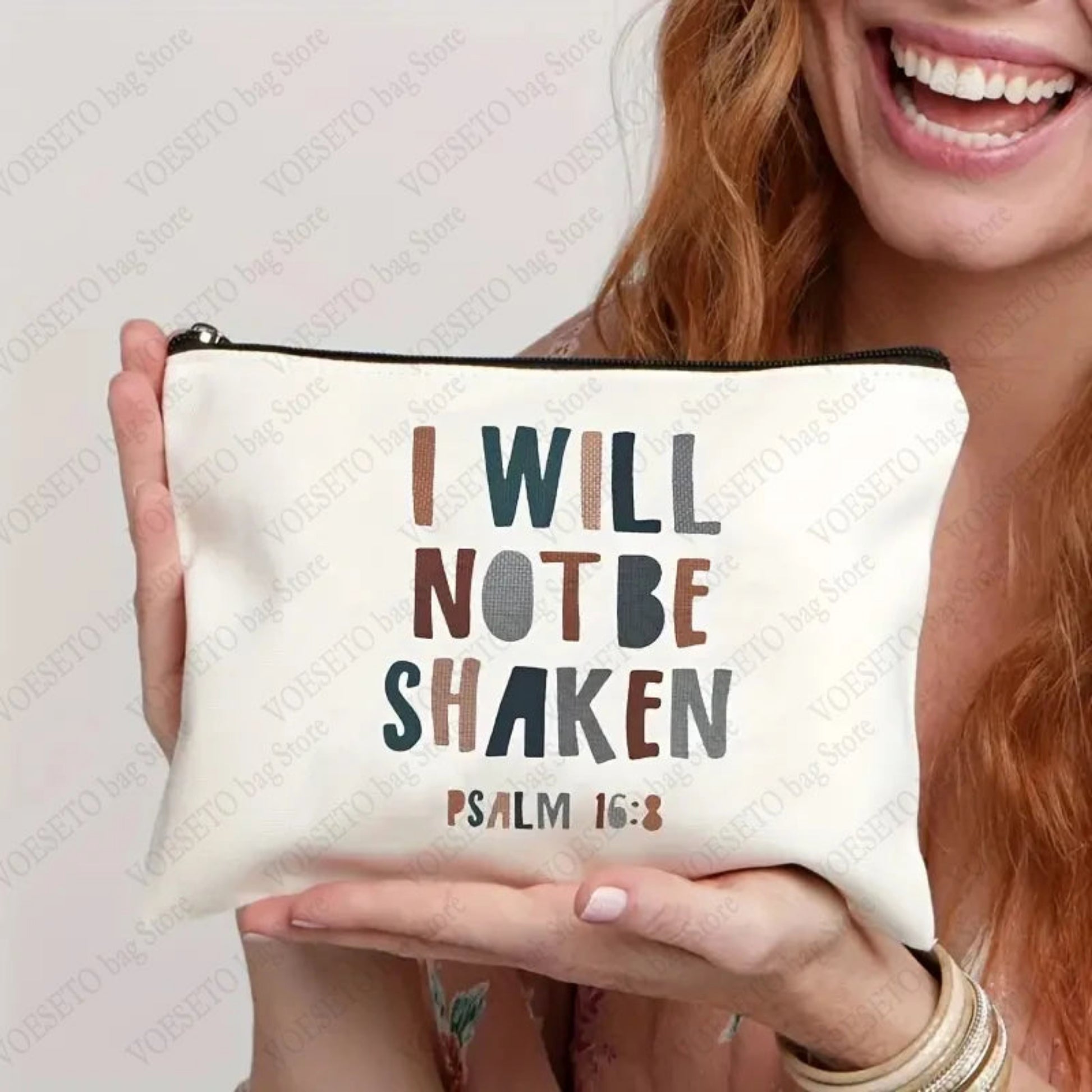 Christian Bible Verse PSALM 16:8 I Will Not Be Shaken Inspirational Quote Makeup Bag Cosmetic Bags Christian Gifts for Women