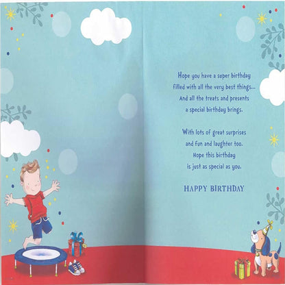 5th Birthday Card for Great Grandson | Includes Birthday Badge  -   Animated Little Boy Design Jumping On a Trampoline with His Pet Dog Next to Him   -   22.8 x 15.3 cm