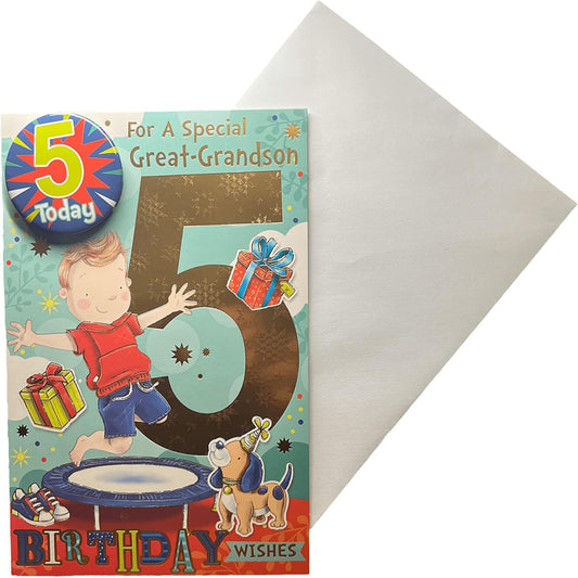 5th Birthday Card for Great Grandson | Includes Birthday Badge  -   Animated Little Boy Design Jumping On a Trampoline with His Pet Dog Next to Him   -   22.8 x 15.3 cm
