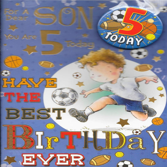 5th Birthday Card for Son   –   Age Five Card with Badge   -   9  x  6 inches
