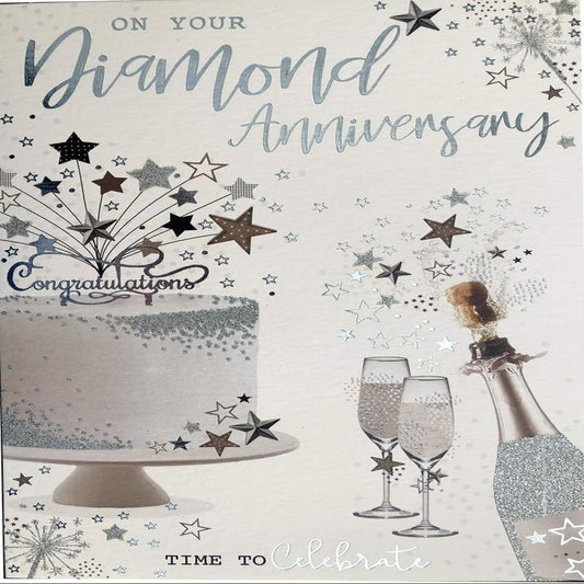 60th Diamond Anniversary Card with Champagne & Bunting   -  15.2cm  x  22.8cm
