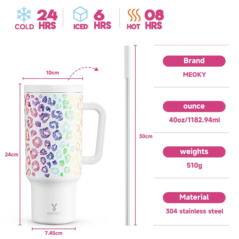 40Oz Cup Tumbler with Handle Straw Stainless Steel Multi-Prints Coffee Cup Travel Water Bottle Leak-Proof Car Mug Gifts