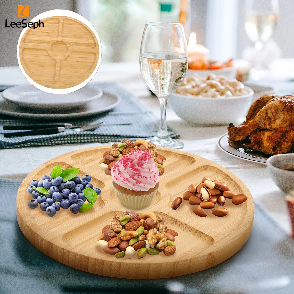 Bamboo round 5 Compartment Serving Tray, Ideal for Snacks, Fruits, Nuts, Wooden Plate with Dividers for Party Platters