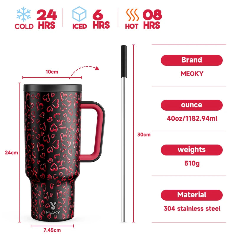 40Oz Cup Tumbler with Handle Straw Stainless Steel Multi-Prints Coffee Cup Travel Water Bottle Leak-Proof Car Mug Gifts
