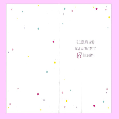 65th Birthday Card with Script Balloons   –    Pink, Green and Lilac   -   7.5  x  5.25 inches
