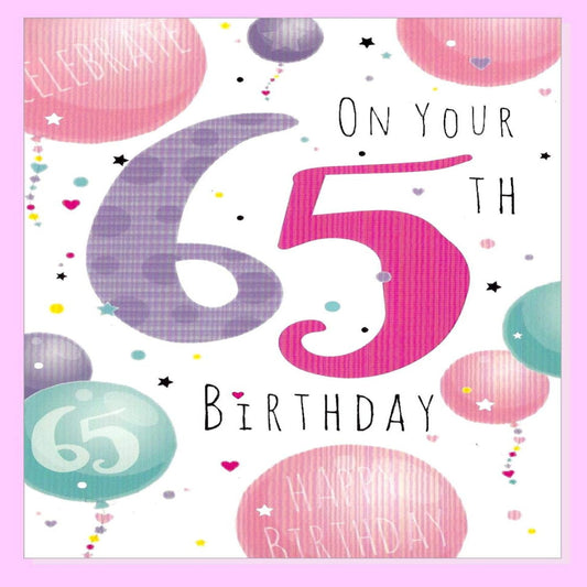 65th Birthday Card with Script Balloons   –    Pink, Green and Lilac   -   7.5  x  5.25 inches
