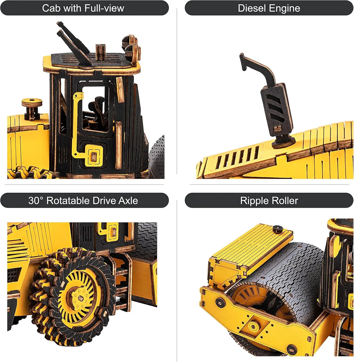 Rokr 3D Puzzles Wooden Model Car Kits Engineering Road Roller Model DIY Wooden Building Kits for Kids Gift for Birthday