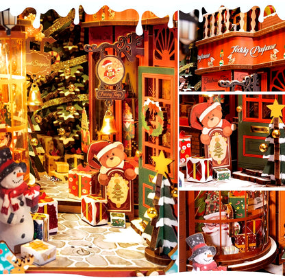 Book Nook Kit DIY Miniature Dolls House Kit 3D Wooden Puzzle Decoration Gift with LED Lights Christmas Street and House