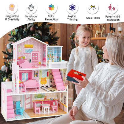 Kids Wooden Dollhouse DIY Pretend for Toddlers 3-7 Years Old