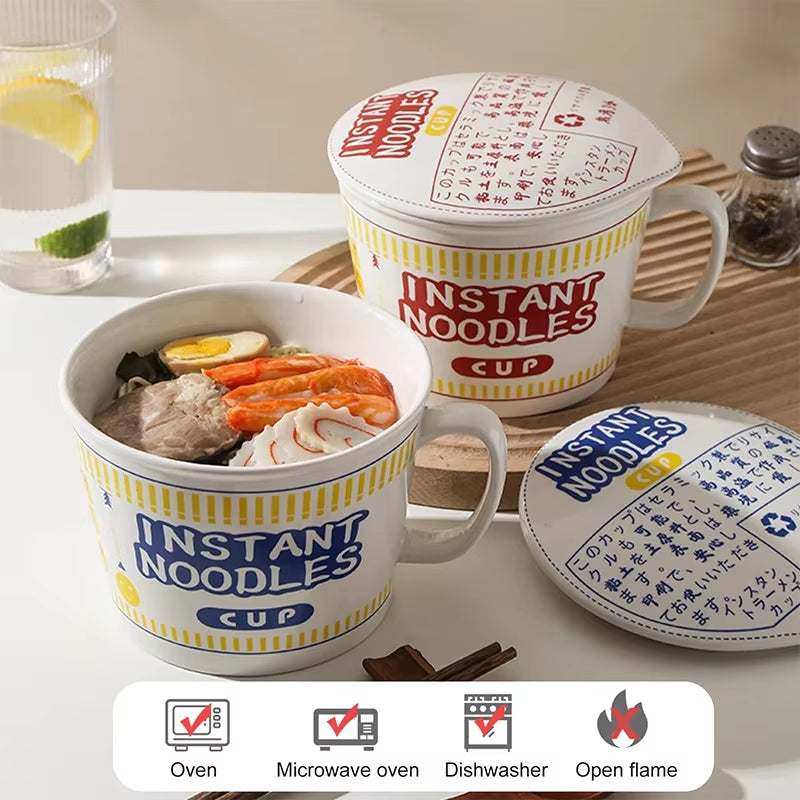 Hot Sale Ceramic Instant Noodle Bowl with Handle Large Capacity Instant Noodles Bowl Cute Design Instant Noodles Bowl with Lid