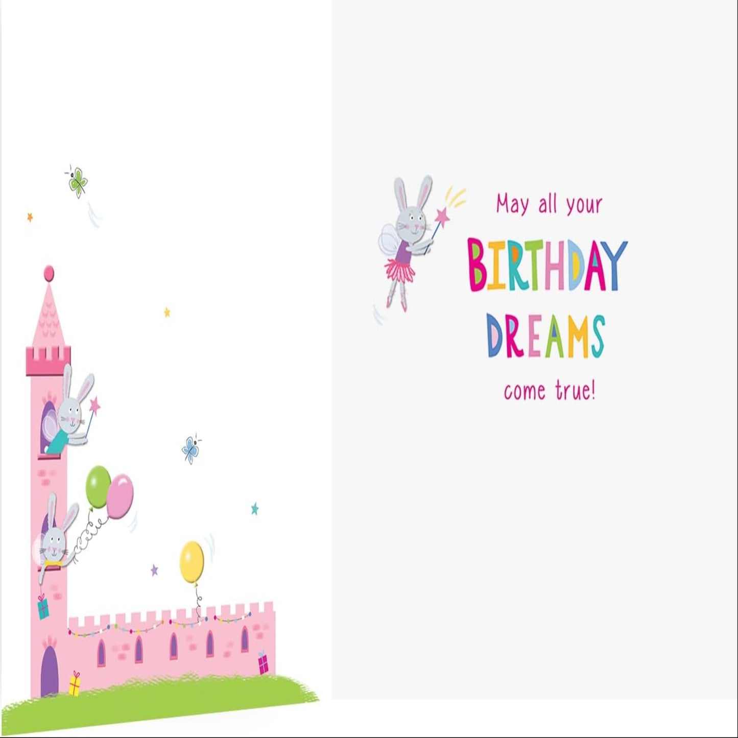 6th Birthday Card for Girl | Magical Rabbit Castle Birthday Card     -    green|grey|yellow|pink  -  230 x 160mm