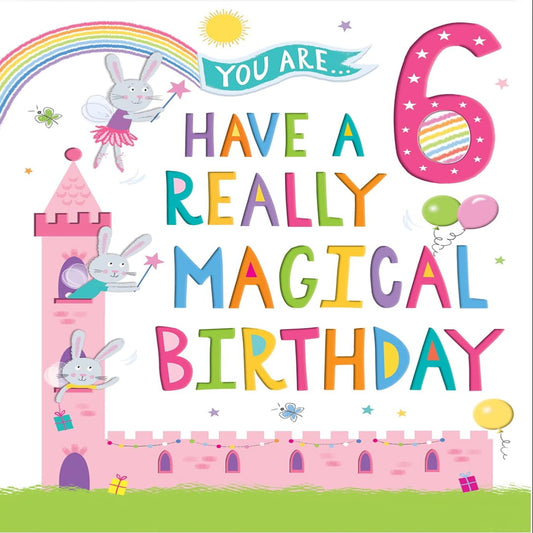 6th Birthday Card for Girl | Magical Rabbit Castle Birthday Card     -    green|grey|yellow|pink  -  230 x 160mm