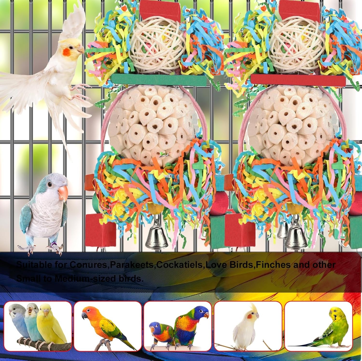Bird Toys Conure Toys Hanging Natural Soft Sola Ball Beak Chew Shred Forage Toys for Parrots,Cockatiel,Conure,Love Birds,Parakeets,Budgie and Other Small Birds (Boys)